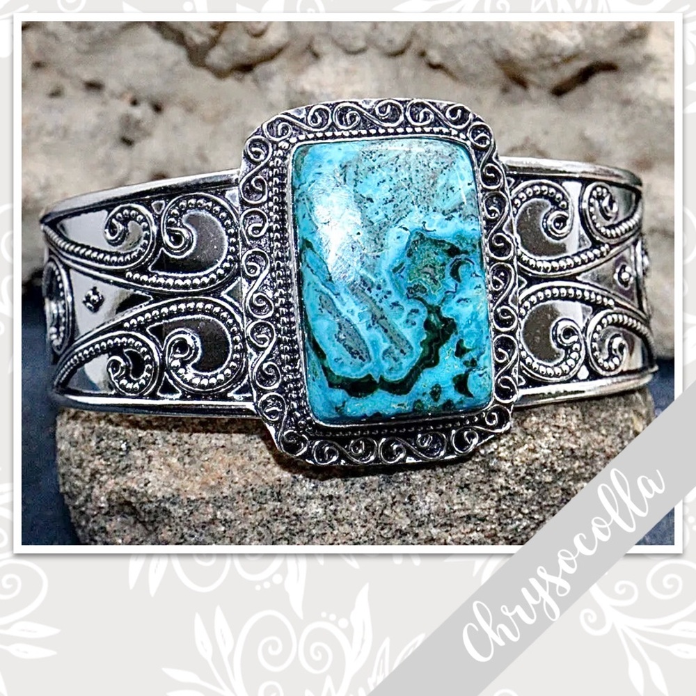 Chrysocolla Silver Artisan Bangle Cuff Bracelet, 6.5โ Adjustable, Turquoise Blue - Picture 1 of 2